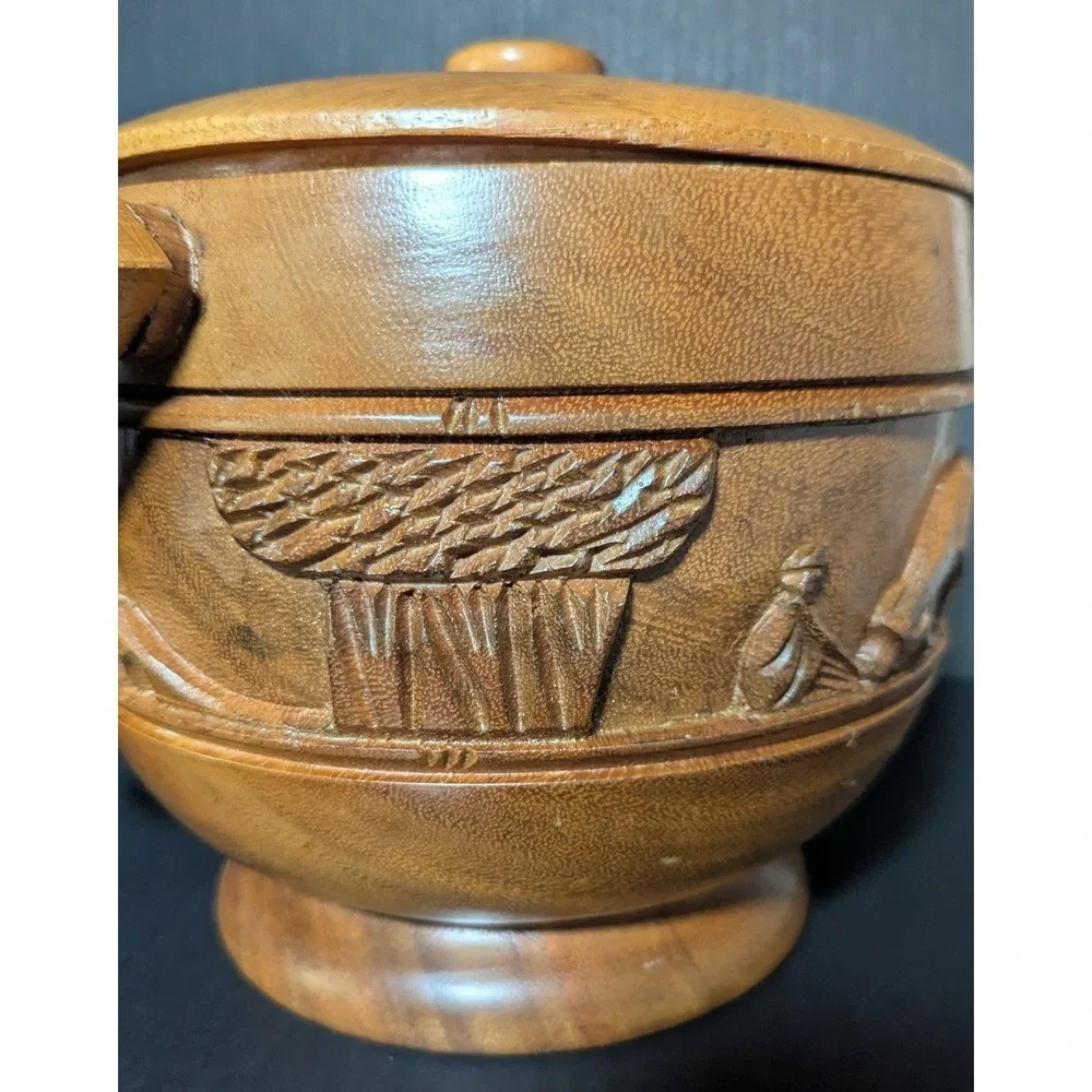 Vintage Hand Carved Teak‎ Wood Bucket With Handle Rural Farming Scene